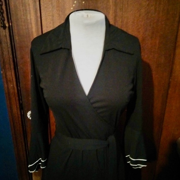 Express Black Wrap Midi Dress with Ruffle Cuffs - Picture 2 of 7